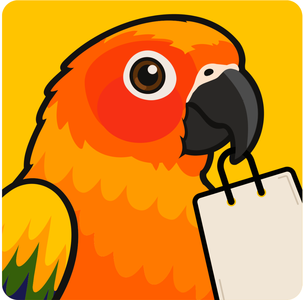 Dante Cart parrot holding a shopping bag with Built for Shopify badge